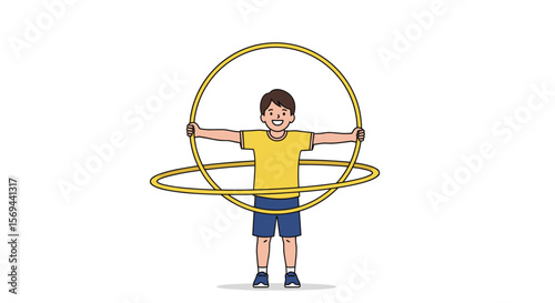 Young boy happily spinning two hula hoops around his body during a fun outdoor activity
