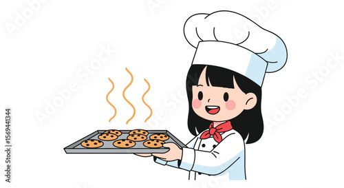 Cute chef girl holding a baking sheet with freshly baked cookies ready for enjoyment