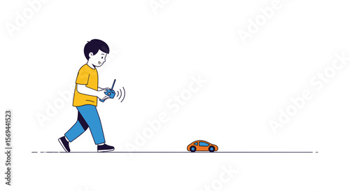Young boy controls orange remote car toy with wireless transmitter in a playful outdoor scene