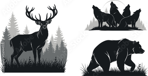 A deer stands majestically in a forest, with wolves howling and a bear walking, isolated on white background