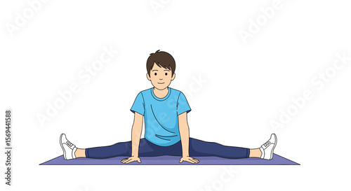 Young boy sitting on a yoga mat performing a full straddle split stretching exercise indoors