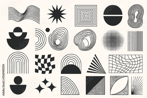  Modern abstract minimal element mid century vector set Contemporary striped line illustrations and geometric forms in black and white tones for elegant wall art,.eps
