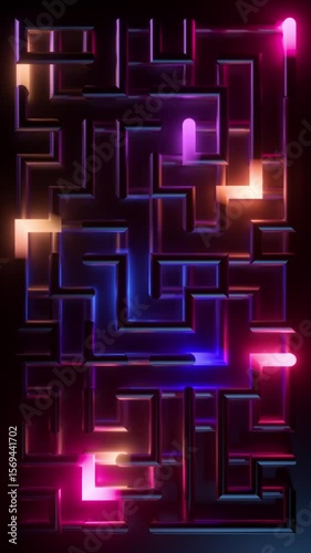 Looped 3d animation. Video of abstract neon labyrinth background with laser drawn geometric shapes. Neon snake motion. The multicolored lights inside the maze glow in the dark