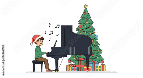 Young boy playing christmas music on grand piano surrounded by gifts beneath festive tree