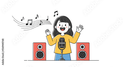 Young person singing happily into a microphone with speakers either side enjoying the music