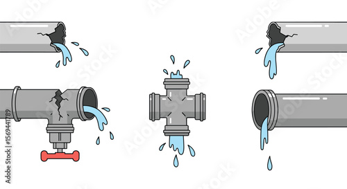 Damaged water pipes showing leaks and water damage problems for homeowners