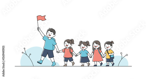 Young children following their leader holding a flag on a bright sunny day