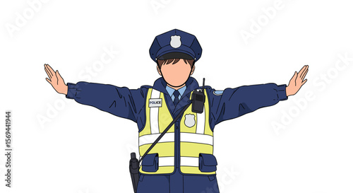 Traffic police officer directing vehicles with outstretched arms during busy city street operations