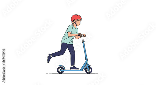 Young boy riding a blue kick scooter outdoors wearing safety helmet enjoying activity