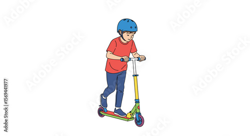 Young boy riding a scooter outdoors wearing a protective helmet for safety