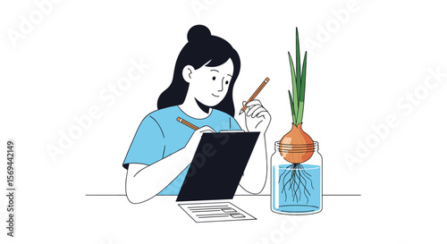 Young woman observing growing onion roots in water learning about botany