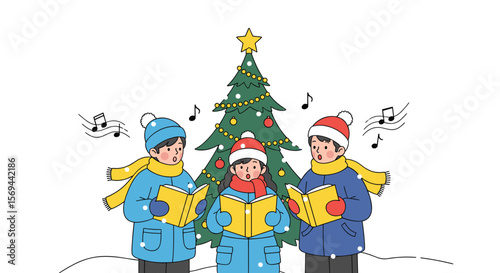 Children singing carols joyfully beside a decorated christmas tree in a snowy setting