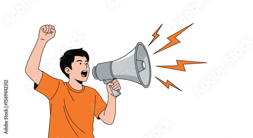 Man holding megaphone shouting loudly announcing news or making a public announcement