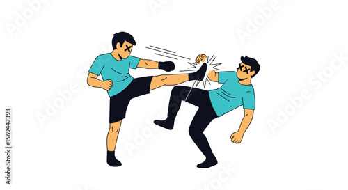 Two men engage in energetic kickboxing combat demonstrating powerful moves