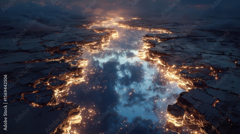 Fototapeta premium Erupting lava river volcanic landscape digital art fantasy world aerial view