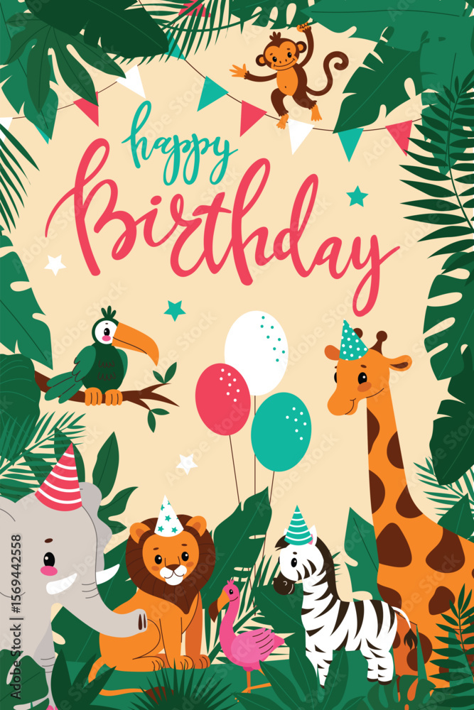 Fototapeta premium Kids birthday card,African animals,safari theme.A fun card with lettering and balloons.Cartoon vector illustration in a flat style