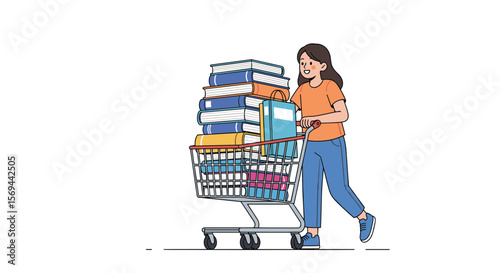Young woman pushing a shopping cart filled high with books and supplies for school or work