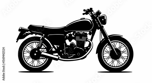 Classic Black and White Motorcycle Silhouette: Detailed illustration of a vintage-style motorcycle, depicted in a sharp black silhouette against a white backgro