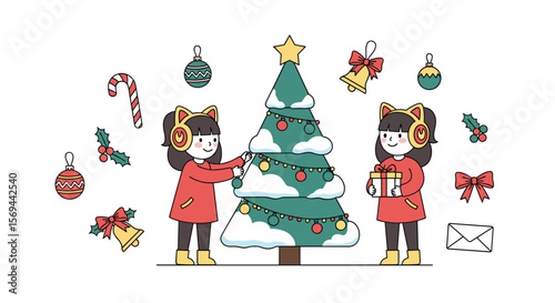 Two little girls decorate a snow covered christmas tree with ornaments and lights during winter holidays