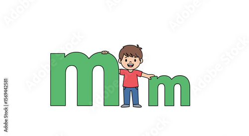 Little boy holding big and small letter m learning alphabet and words