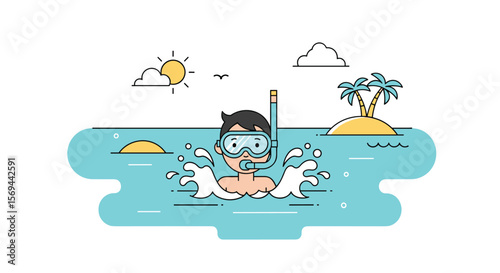 A young person enjoys snorkeling in tropical ocean waters near a palm tree island