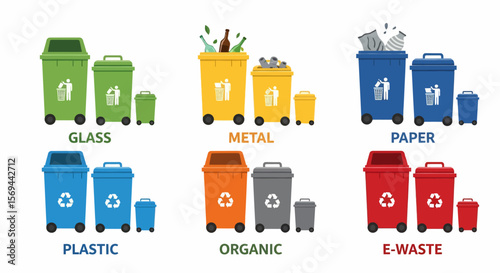 Colorful Recycling Bins for Glass, Metal, Paper, Plastic, Organic, and E-Waste