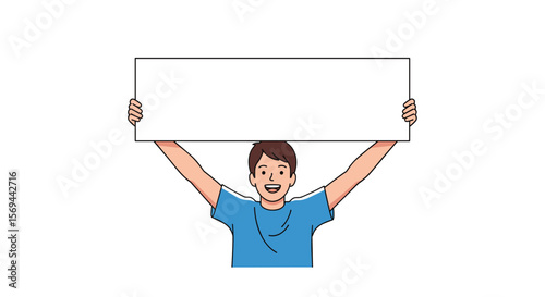Young person holding a blank white sign above their head with both arms