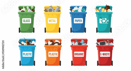 Colorful Recycling Bins with Waste: Glass, Metal, Paper, Plastic, Organic, E-Waste