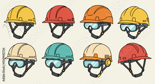 Colorful Vector Illustrations of Construction Hard Hats with Goggles