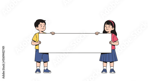 Two happy children hold a large blank banner together for messages