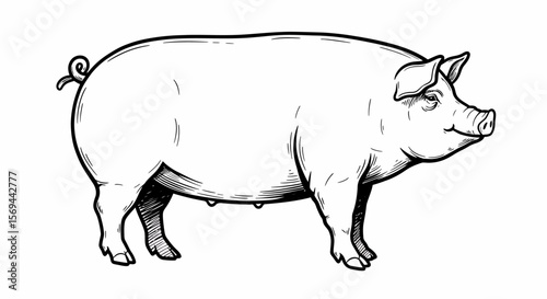 Detailed Black and White Illustration of a Standing Pig