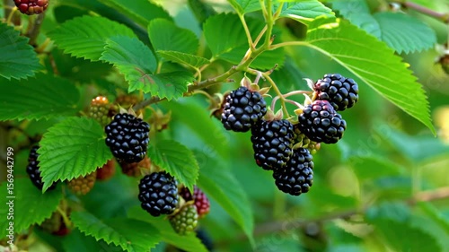 Blackberries on a green bush in sunny daylight