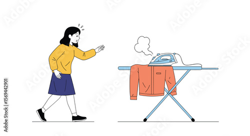 Woman yelling at an iron on an ironing board with a burning shirt