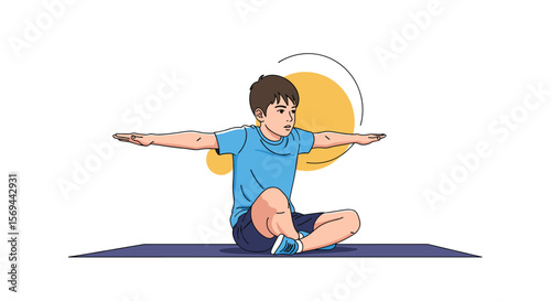 Young boy performing a seated spinal twist exercise on a yoga mat indoors promoting physical fitness and well being