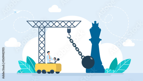 Businessman pushing of wrecking ball king until kick falls down. Business concept, businessman on crane beat black king chess. Vector illustration