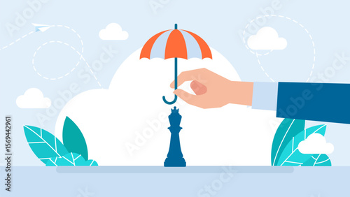 Chess King. Chess piece and umbrellas. Concept of protecting business strategy. Concept of Insurance protecting business strategy. Vector illustration