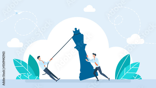Businessman pushing king until kick falls down. Business concept. People beat black king chess. Business men on chess board pushing chess king to fall down. Vector illustration