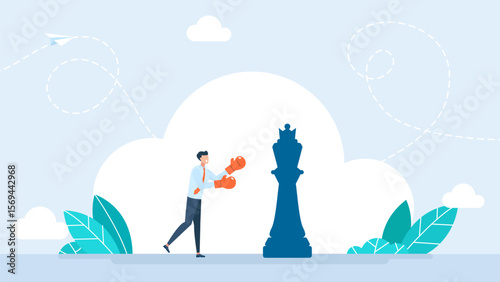 Businessman with boxing gloves fighting with big chess king. Challenge and strategy to win business competition, tactic, skill and leadership to win rivalry battle. Vector illustration