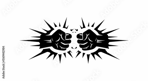 Black and White Graphic of Two Clenched Fists Surrounded by Sharp Spikes