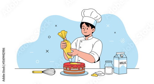 Skilled pastry chef expertly decorates delicious chocolate cake with creamy frosting and fresh berries