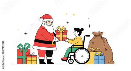 Santa claus brings holiday cheer and gifts to a child in a wheelchair this festive season