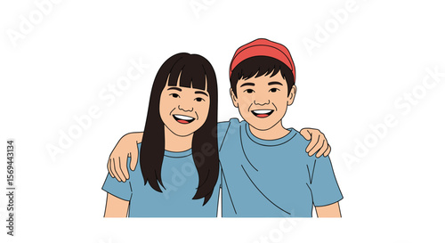 Two happy friends standing together with arms around each other smiling joyfully