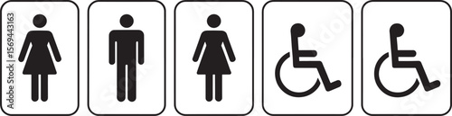 Set of restroom signs including male female and wheelchair accessible symbols silhouette isolated on white background