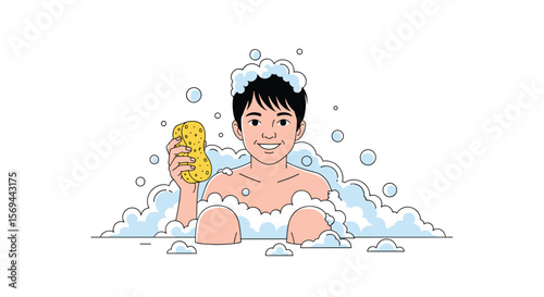 A young person enjoys a relaxing bath filled with a lot of bubbles and holding a sponge
