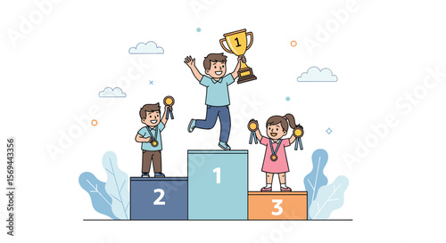 Children celebrating victory on podium with trophy and medals winning first second third place