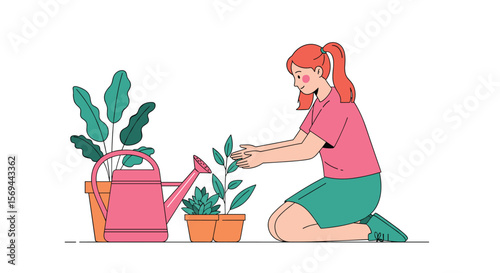 Woman tending to potted plants with a watering can indoors illustrating home gardening activity