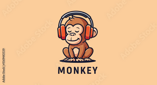 Cute Cartoon Monkey Wearing Headphones, Relaxed Pose