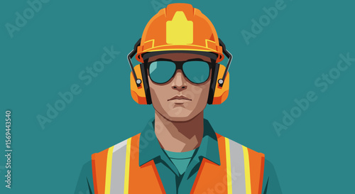 Construction Worker with Safety Gear: Hard Hat, Earmuffs, and Reflective Vest