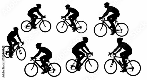 Cyclist Silhouettes: Black Figures Riding Bicycles on White Background