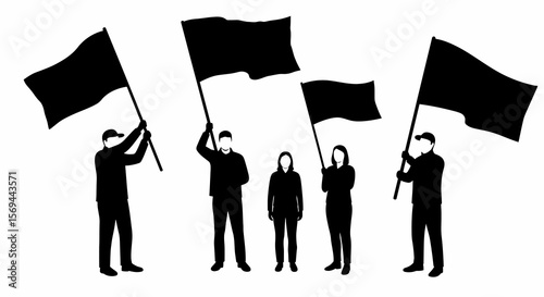 Silhouette of four people holding black flags, protest demonstration, faceless figures, simple graphic design